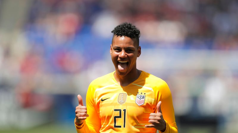 United States goalkeeper Adrianna Franch is introduced during a send-off ceremony ahead of the...
